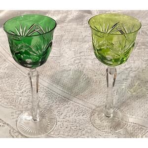 2 Vintage Nachtmann Traube Crystal Wine Glass Greens Amber Cut to Clear 8 1/4"